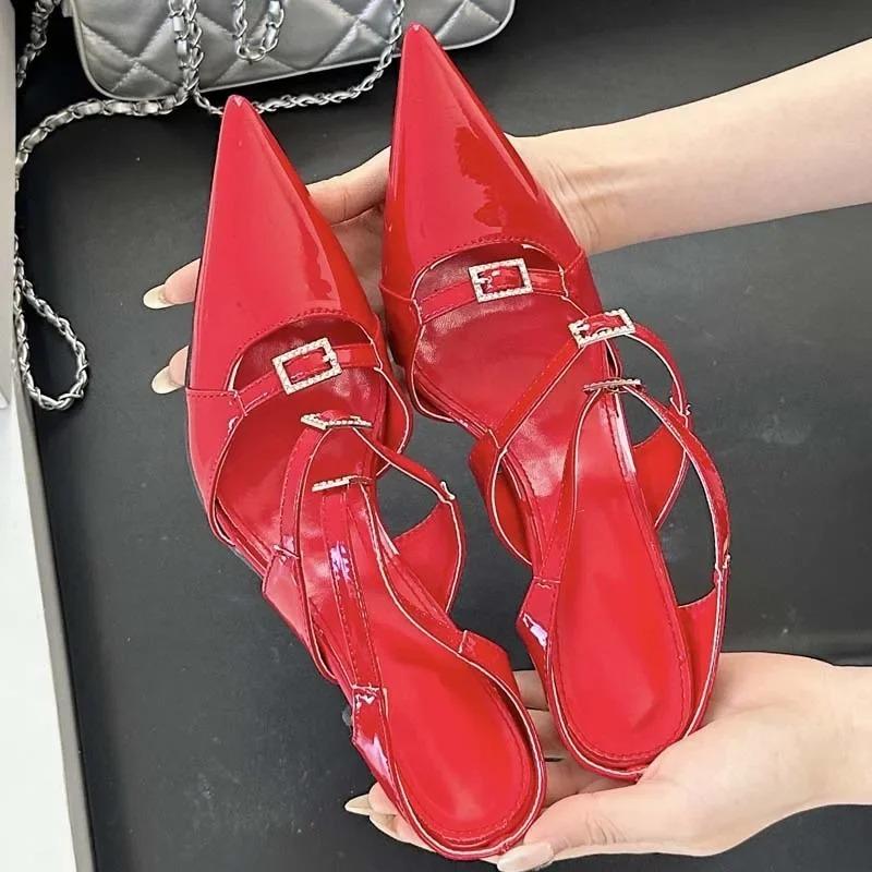 Pesstwei Designer Sexy Patent Leather Pointed Toe Slippers Women Pumps Sandals Narrow Band Thin Heel Slingback Mules Shoes Size 40