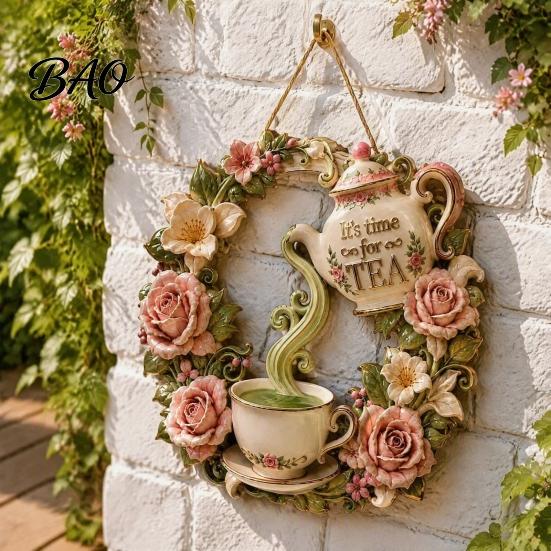 Creative Garden Accessories It's Time for Tea Door Sign, Metal Floral Wreath Hanger with Teapot Teacup Design, Art Windowsill Rustic Wall Decor