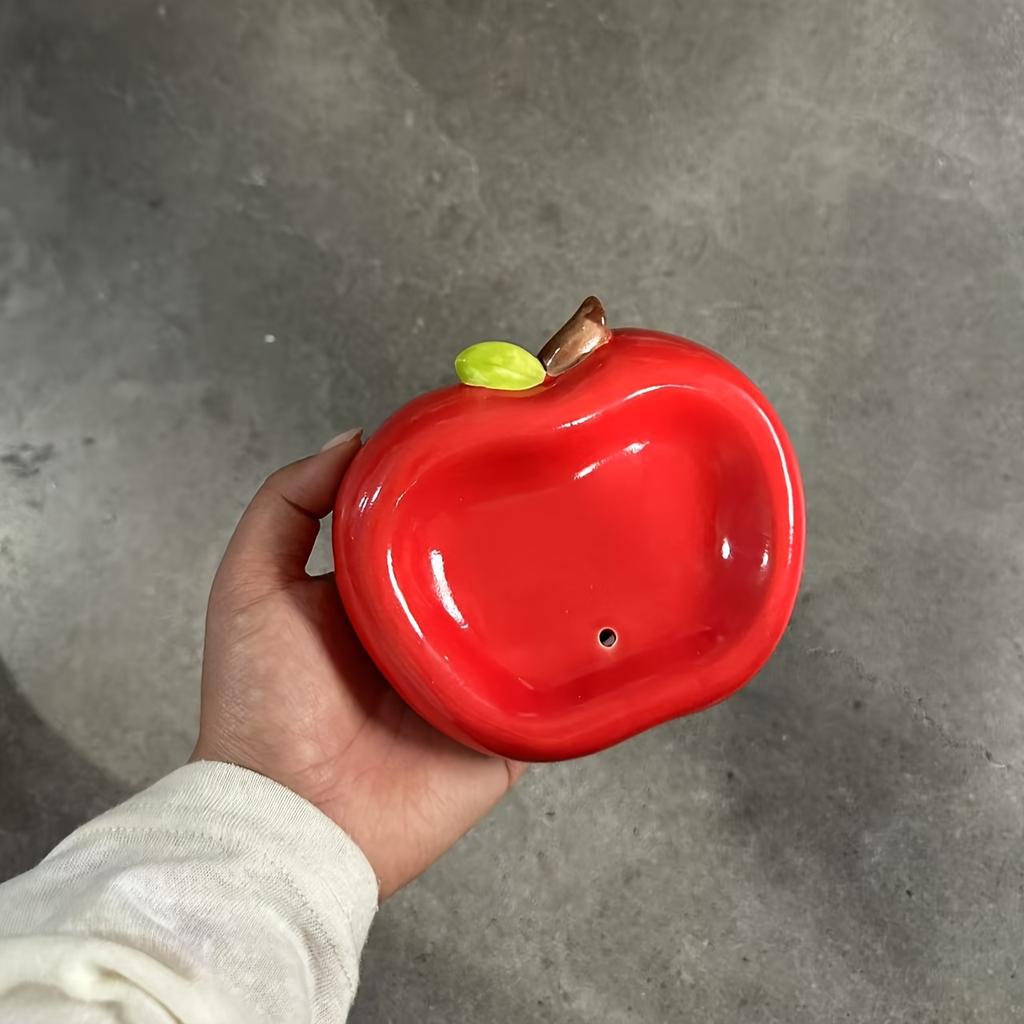 Elegant Apple Shaped Ceramic Soap Dish Red with White Orchid Design,Suitable for Bathroom Kitchen Sink,Water Drainage,Suitable for Shower Hand Washing