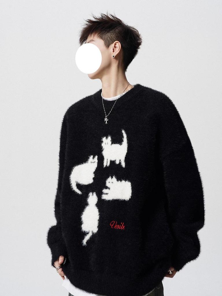 Trendy Cartoon Cat Knit Sweater: Men's Autumn/Winter Round Neck Couple's Loose Casual Style