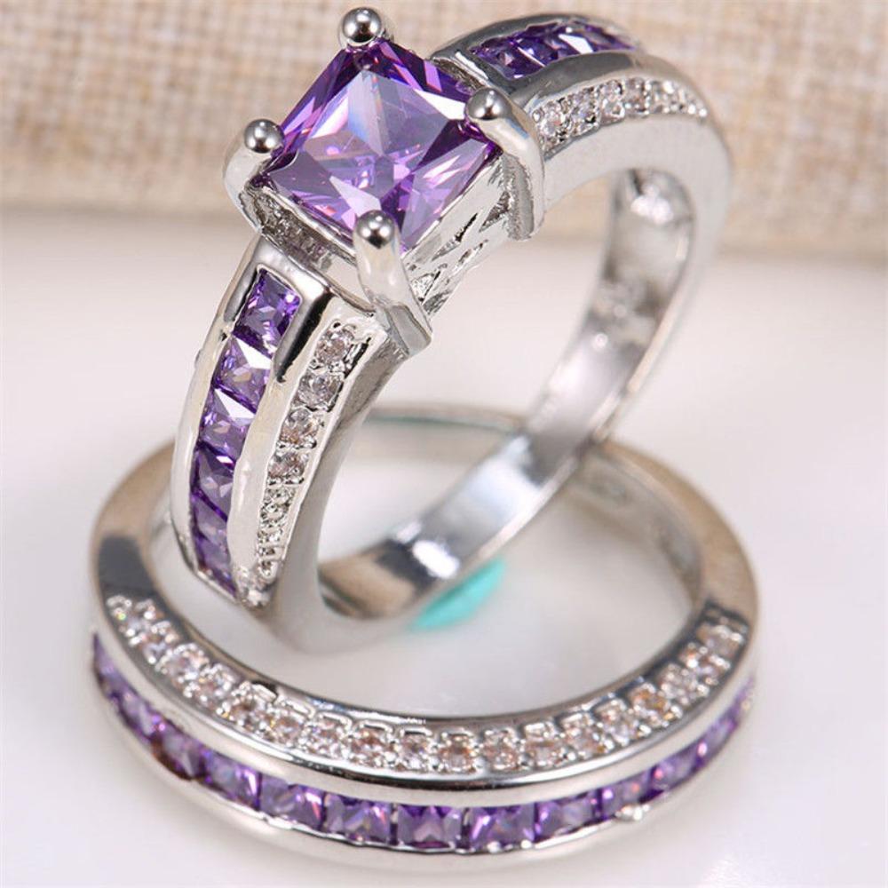 

Amethyst Princess Cut Ring Set for Women Fashion Full Diamond Engagement Wedding Rings No. 8