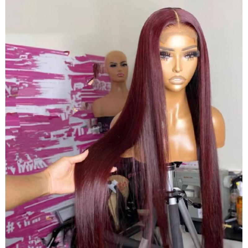 Womens Wine Red Middle Part Long Straight Wig Synthetic Heat Resistant Fiber Full Cap Daily Wear