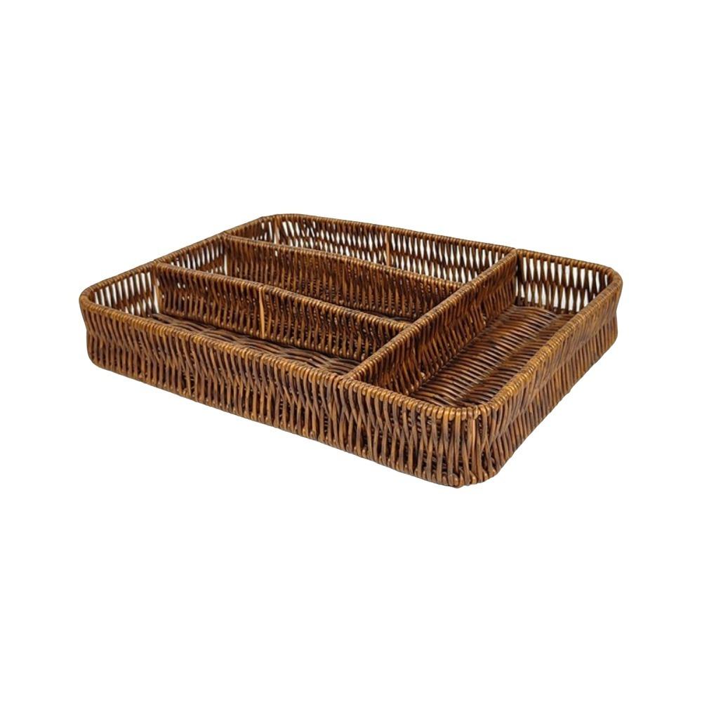 Rectangular Plastic Woven Storage Basket 4 Grids Cutlery Organizer Handmade Storage Basket Forks коричневый
