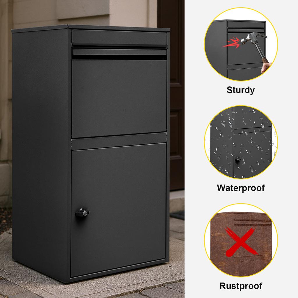 Black Metal Anti Theft Parcel Holder Large Capacity Lockable Design Waterproof Weatherproof Storage for Home Outdoor Delivery