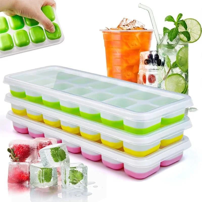 Ice Cube Tray Silicone Mold with Cover Square 14-cube Easy Release Ice Cube Molds Summer Kitchen Bar DIY Iced Drink Maker Tools
