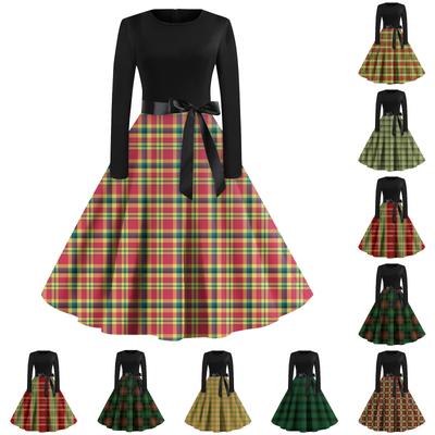 Damen Vintage Kariert Bedruckt Langarm Rundhals Übergröße Abend- und Ballkleider