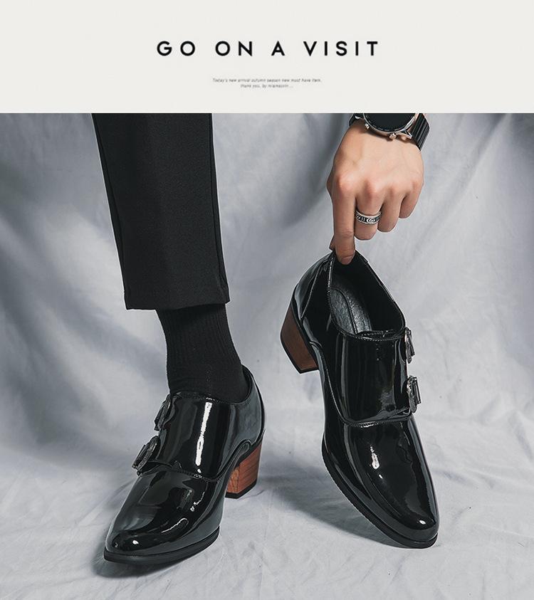 Spring New High-heeled Pointed Leather Shoes 2025 Large Size Dress Casual Shoes Fashion Patent Leather Heightening Men's Shoes