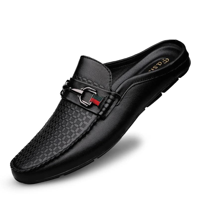 Fashion Fashion Summer Brand Half Slippers Mens Shoes Luxury Brand Man Casual Shoes Genuine Leather Breathable Slip On Half Footwear