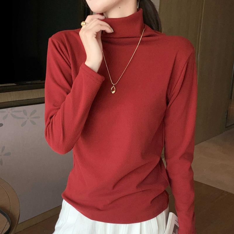 High-necked Micron Velvet Bottomed Shirt for Women's Autumn and Winter, Thickened Double-sided Abraded Stacked Collar Long-sleeved Top