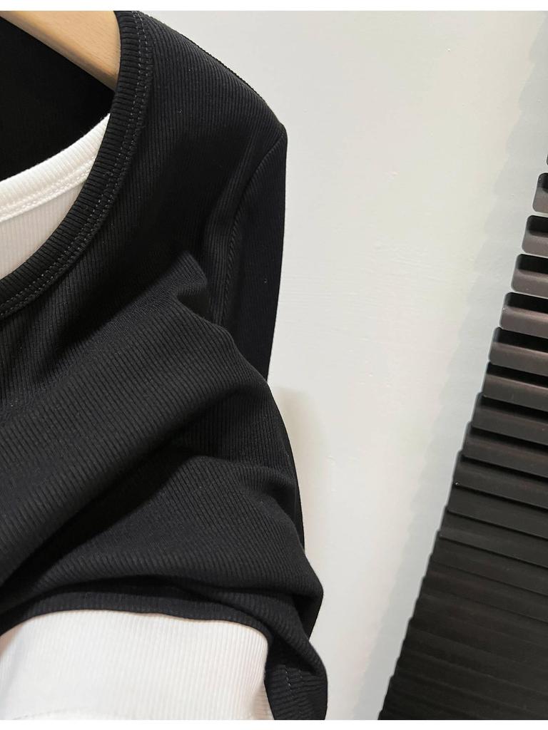 Color-block Women's Long-Sleeve Faux Two-Piece Slim Top for Spring, Autumn, and Winter