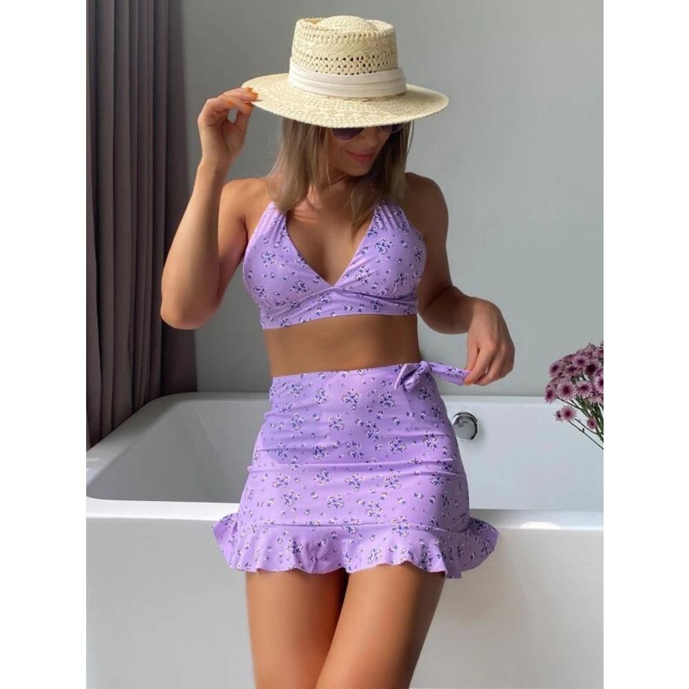 Maillot de bain trois pièces pour femmes à imprimé multicolore, bikini fendu sexy à la mode européenne et américaine