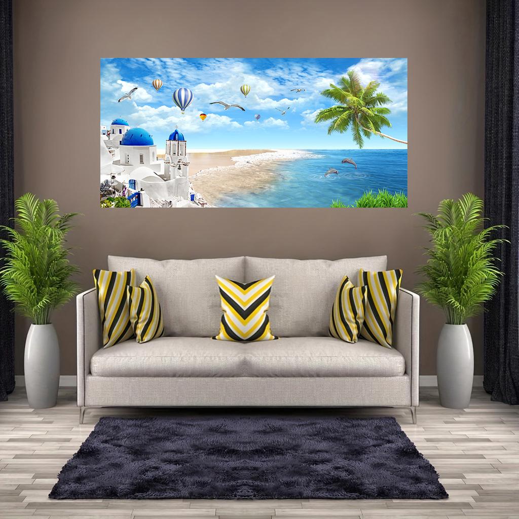 Nordische Blaue Meereslandschaft Santorini Leinwandbild Wandkunst Landschaft aus Blauem Meer und Himmel Poster und Drucke für Wohnzimmer Zuhause