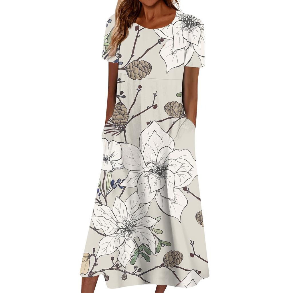 Summer Dress For Women Casual Printed V-Neck Short-Sleeve Beach Swing Dress