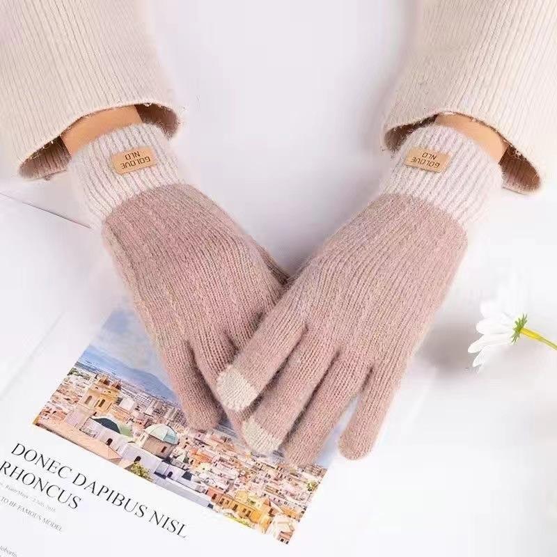 Winter Gloves Winter Girl Thickened Five-finger Student Cute Knitted Cold-proof Riding Touch Screen Warm Cycling Gloves