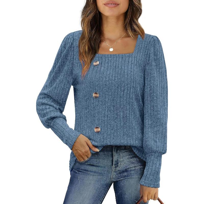 შემოდგომის და ზამთრის ქალთა ბლუზა ნაქსოვი ტანსაცმელი ბალთებით კვადრატული კისრით, გრძელმკლავიანი ტოპებით