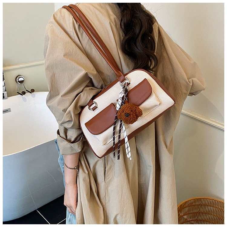 Super Hot Color Matching Bowling Bag Women s Fashionable Simple Portable Shoulder Niche Commuter Boston 26.5x8.5x16 single package