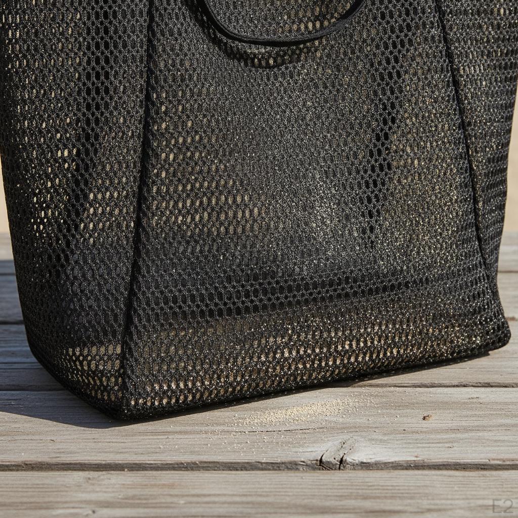 Foldable Mesh Beach Bag Large Capacity Travel Tote Shoulder Handbag for Clothes and Sundries Black