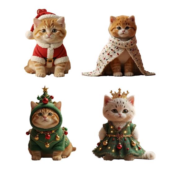 4 Pcs Cute Cat Christmas Ornament 2D Flat Acrylic Car Rearview Mirror Charm Cartoon