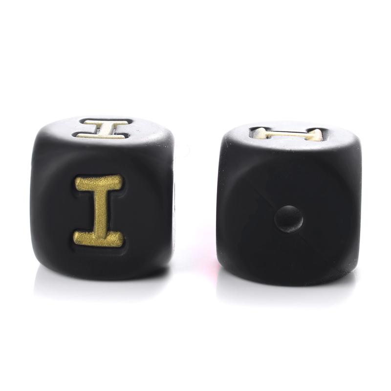 12mm 10Pcs Silicone Black+Gold Letters Beads English Alphabet Letter Beads for Baby Teething Teethers Shower Gifts BPA Free