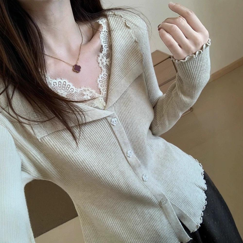 Women's High-End French Lace Knit Patchwork Top - Ruffled, Two-Piece Look, Ideal for Autumn/Winter