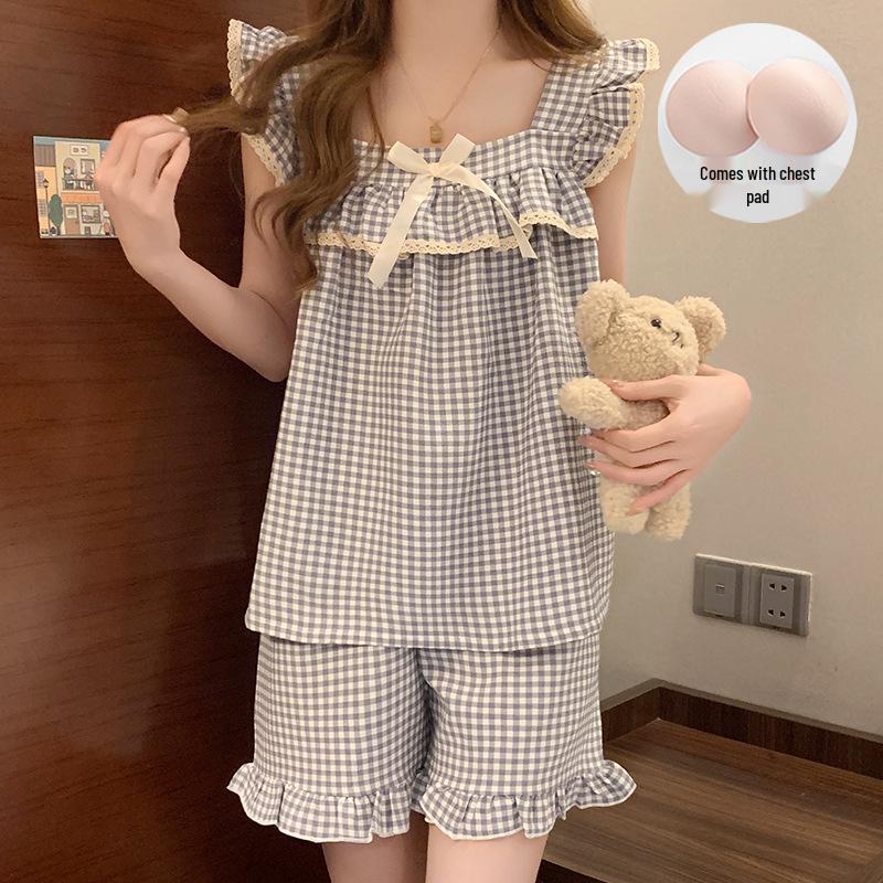 Women's Bubble Wrinkle Summer Plaid Pajama Set with Fixed Chest Pads - Sweet & Cute Homewear Suitable for Outdoor Wear