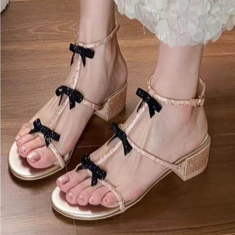 Fashion Summer Women High Heels Sandals Designer Bow Chunky Shoes 2025 New Trend Fashion Slingback Heeled Shoes Buckle Chaussures Femme