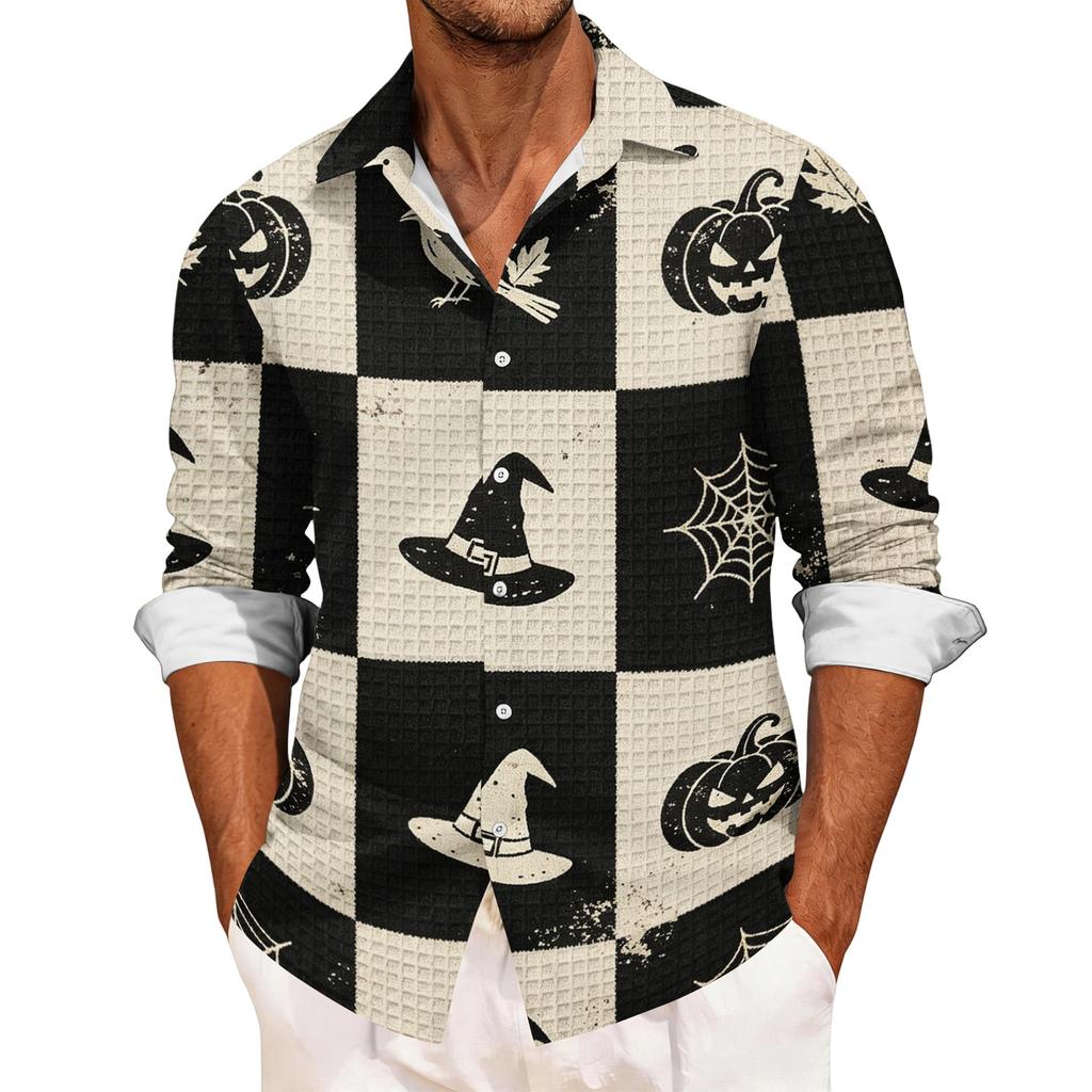 Men's Casual Long Sleeve Halloween Print Shirt Button Down Collar Relaxed Fit Lightweight Breathable Fabric Casual Sport Shirt