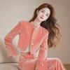 "2024 Autumn Women's Pink Velvet Suit: Slim Coat with Wide-Leg Pants"