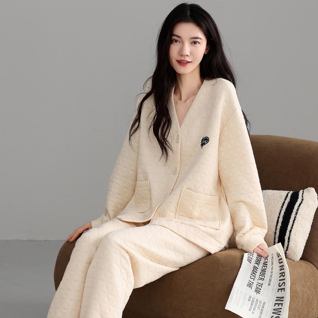 Pajamas Ladies Autumn And Winter Cotton Long Sleeve Sandwich Air Cotton Thickened Ladies Loungewear Set