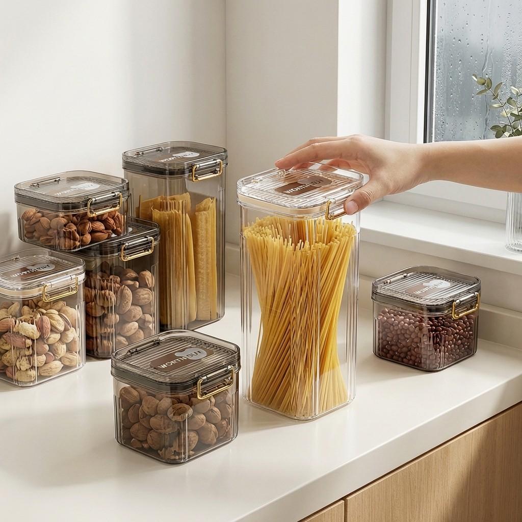 Airtight Food Storage Containers Fridge Stackable Clear PET Plastic Kitchen Jars Leakproof Pantry Organizer Cereal Pasta Coffee