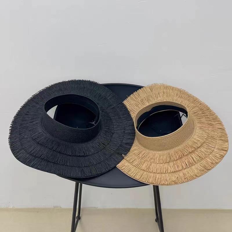 2024 New Fashion Women's Large Eaves Straw Sun Hat Summer Designer Beach UV Protection Empty Top Tassel Straw Hat sale