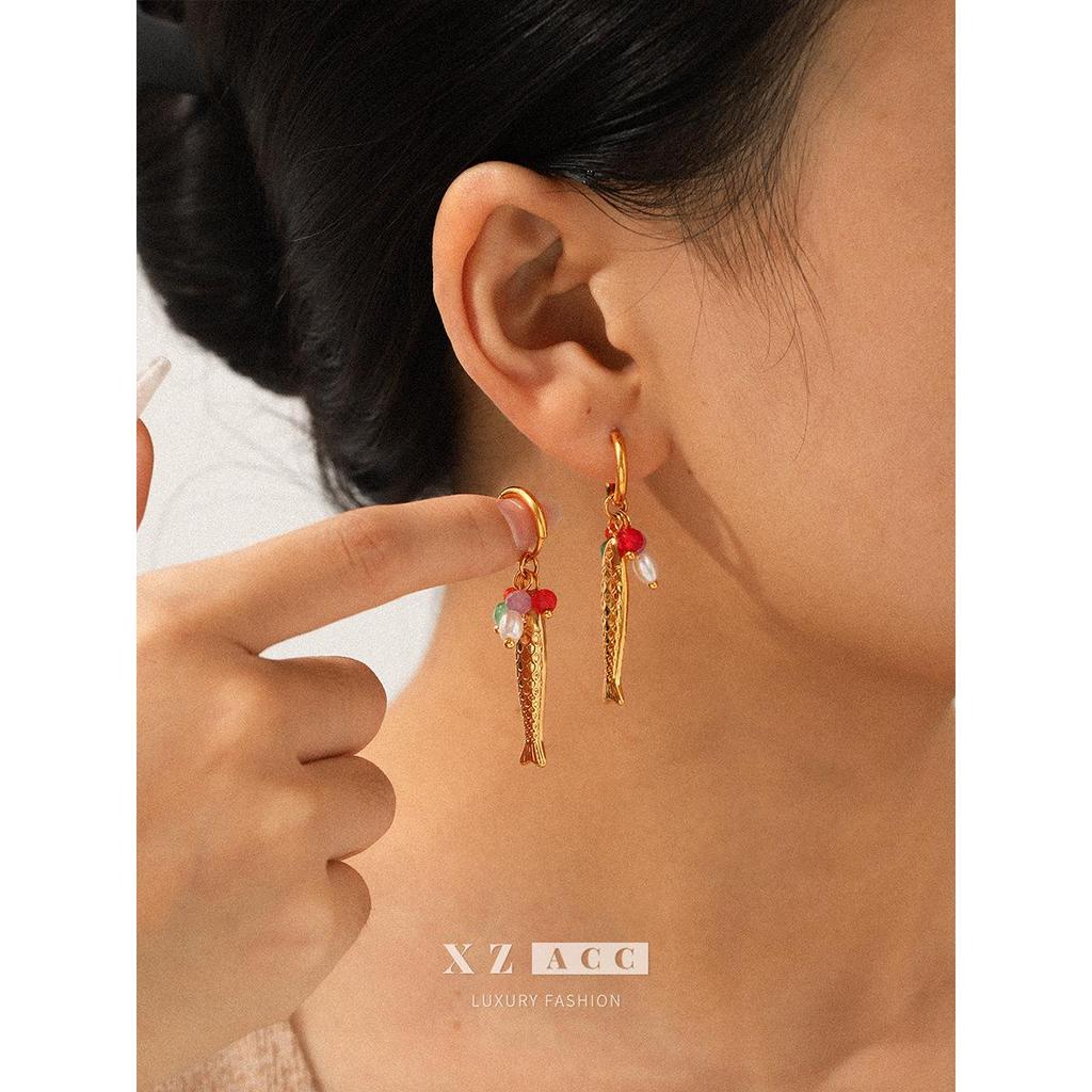 European and American Style Colorful Pearl Fish Earrings in 18k Gold and Titanium Steel