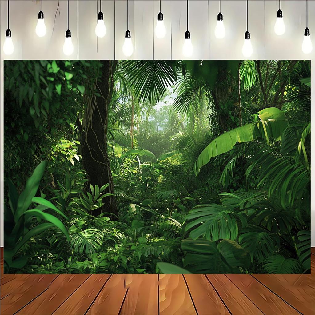 2D planar banner 1 piece of jungle forest photography backdrop - Rainforest scene with hazy sunlight and bright green leaves
