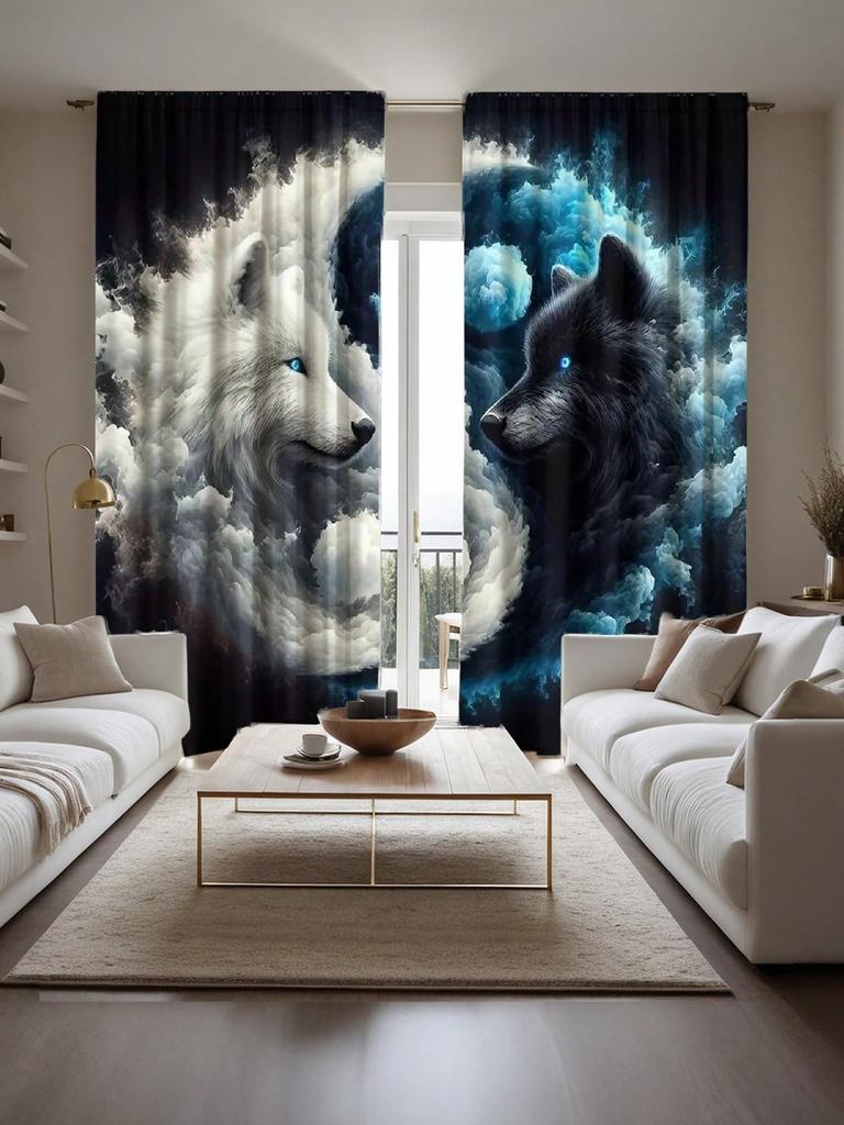 Set Of 2 Modern Wolf Pattern Curtains Ice Fire Animal Print Design Polyester Fabric Decorative Curtain Sheer Machine Washable