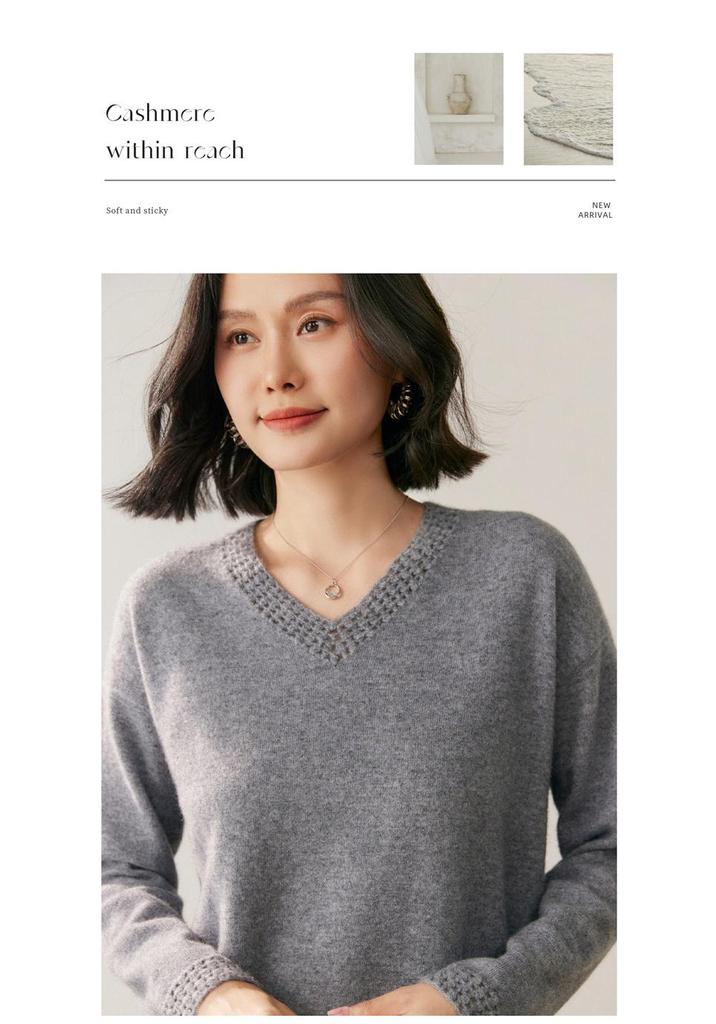 Women's V-Neck Hand-Crocheted Cashmere Sweater - Loose Knit Solid Color for 2026 Autumn/Winter.