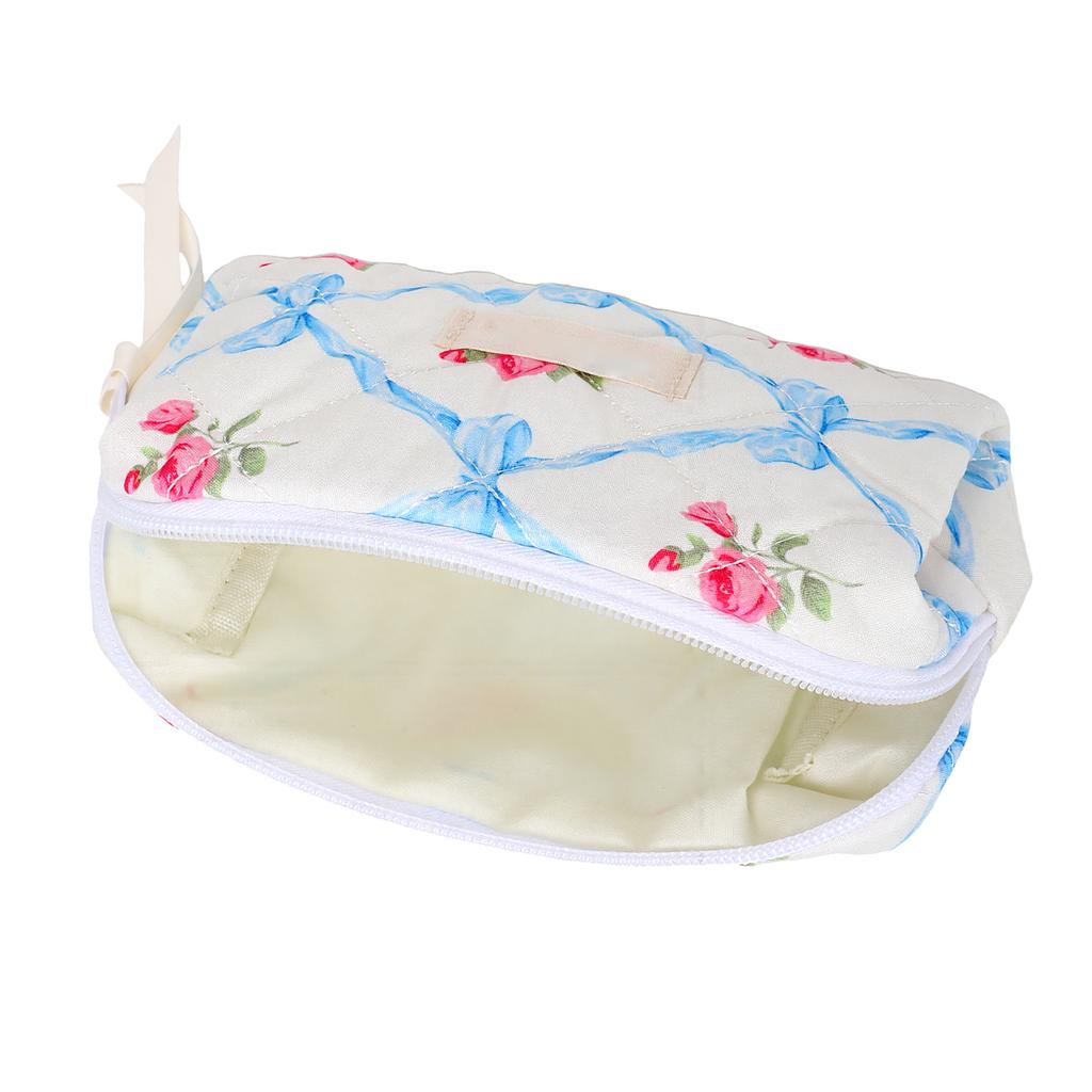 Quilted Travel Makeup Bag Floral Aesthetic Toiletry Pouch Cute Bow Cotton Cosmetic Bag for Women Girls