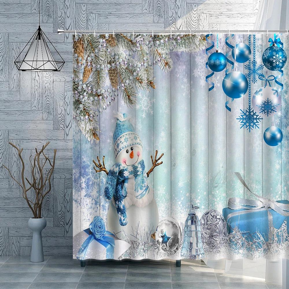 Christmas Shower Curtain Winter Window Snowman Snow Scene Fabric Bathroom Curtain Christmas Tree Xtmas Balls Gifts Bath Decor