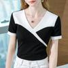 Fashion Temperament Simple Versatile Korean Black White Panelled V-neck Short Sleeved T-shirt Women's Summer New Slim Thin Top