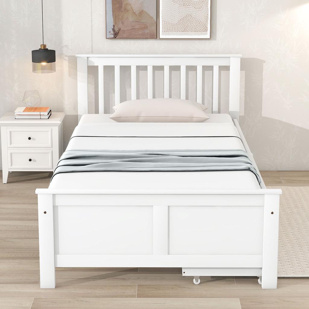 Wooden Bed, Single Bed, Youth Bed, Adult Bed, with Storage Drawers, Frame Made of Pine Wood, White (90x200cm)
