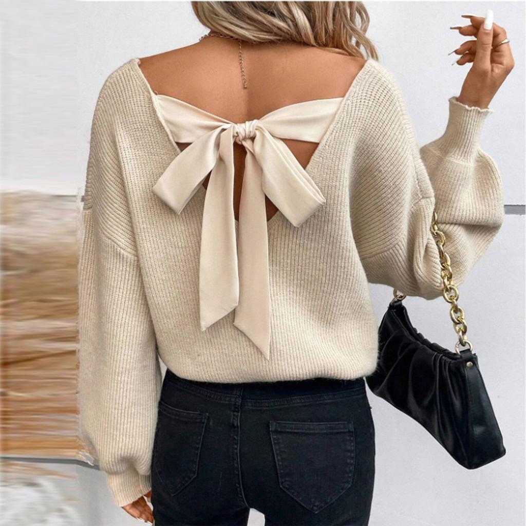 Women's Bow Knit Sweater Long Sleeve Backless V-Neck Drop Chunky Pullover Sweater