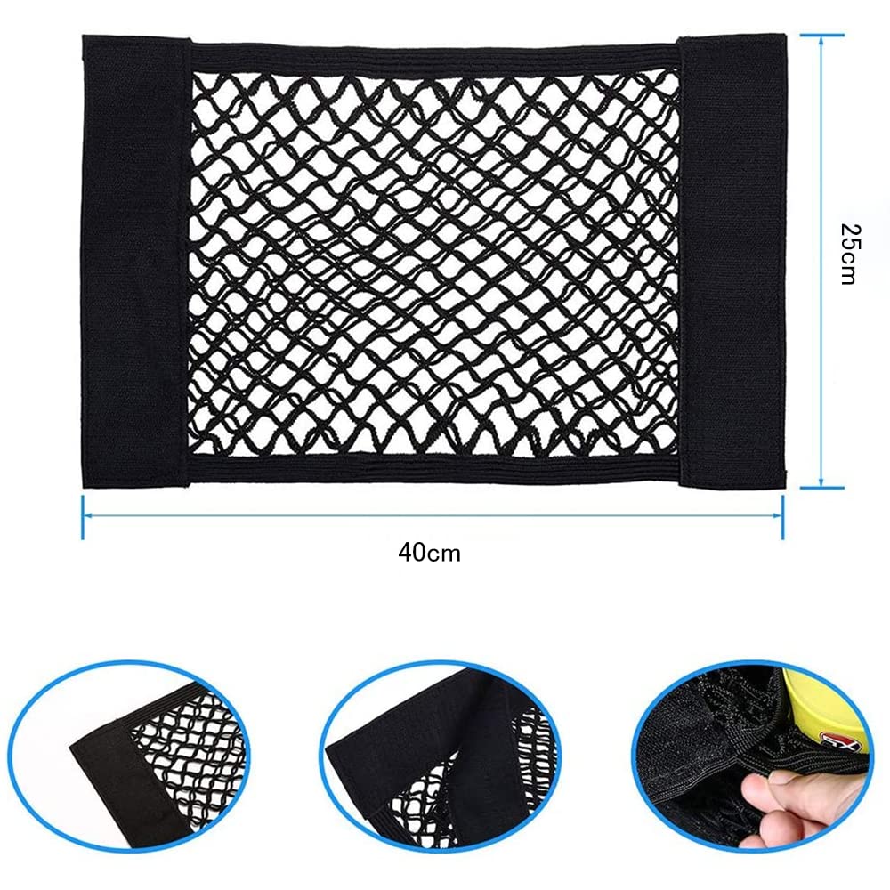 Car Storage Pocket Set 40cm x Mesh Net Pocket with Velcro Stretchable Fits Seat Backs and (2 pieces) 25cm, Closure, Net, Trunk.