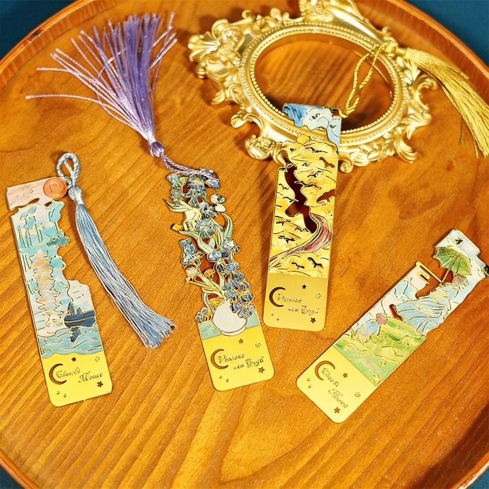 Landscape Flower Oil Painting Metal Bookmark with Tassel Pendant Flower Bookmarks Student Gift
