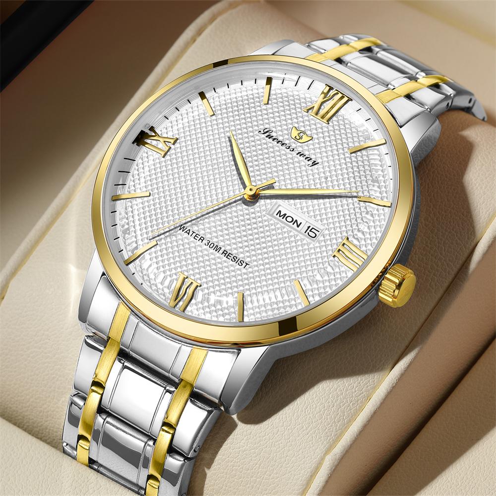 New high end elegant business steel strip men's quartz watch waterproof double calendar Roman numeral men's quartz watch