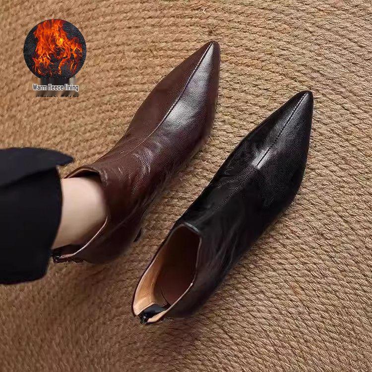 Women's V-Cut Stiletto Heel Ankle Boots, Pointed Toe, Fleece-Lined, Back Zipper - 2025 Autumn/Winter Collection.