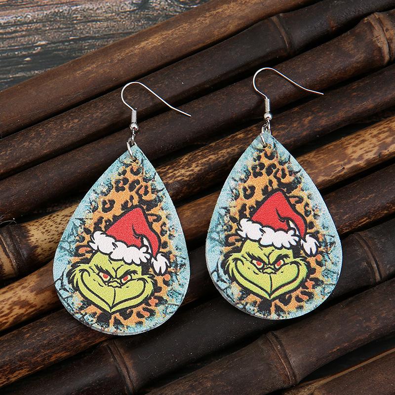 European and American Christmas Grinch Double-sided Leopard Print Leather Earrings