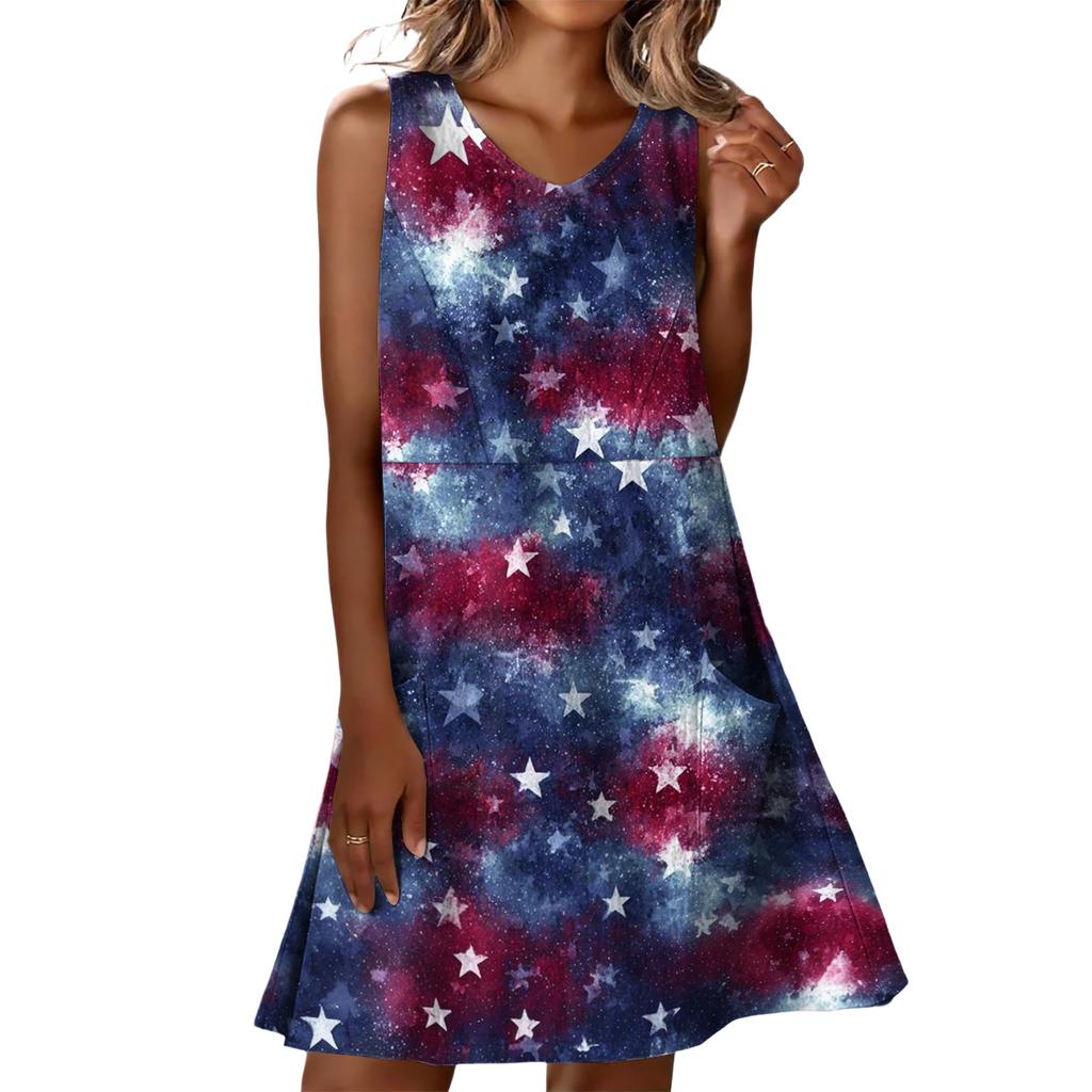 Letnie Sukienki Damskie Luźne na Plażę Wakacje Codzienne Bez Rękawów Dekolt V Sukienki Letnie Z Kieszeniami Sukienka na Ramiączkach