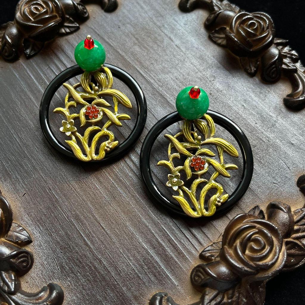 Vintage Chinese Enamel Clivia Exaggerated Western-Style Ear Clips for Women