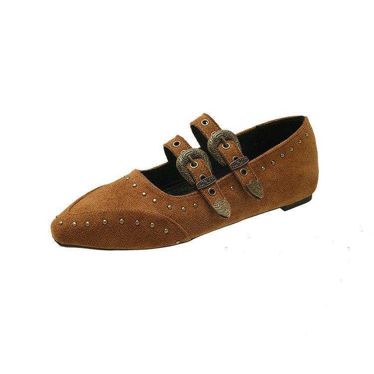 Soft leather version~ retro punk style inner height increase double buckle with rivets suede Mary Jane shoes fashionable shallow mouth small single sh