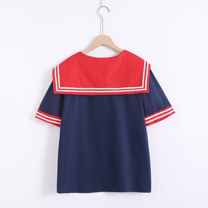 Summer Women Navy Shirts Short Sleeve Sailor Collar Pullover White Blouses Patchwork Loose Tops Girl Sweet Clothes College Style