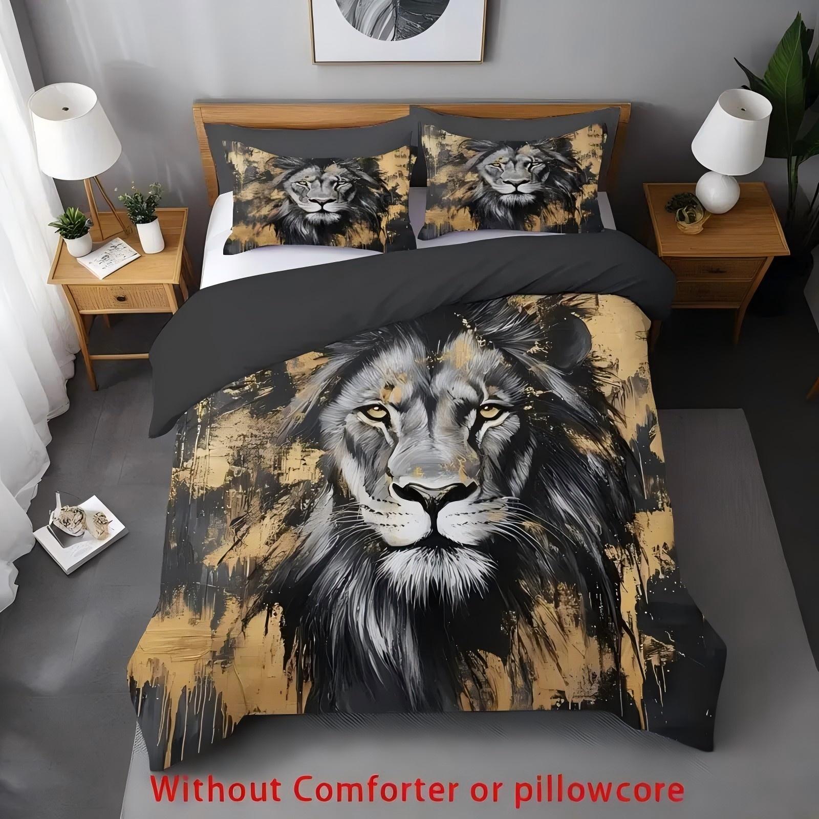 

Retro Black Gold Lion 3D Printed Quilt Cover Set Home Textiles Bedding Set Lion Wildlife Theme Style Duvet Cover Set Pillowcases 135x200cm 2pcs